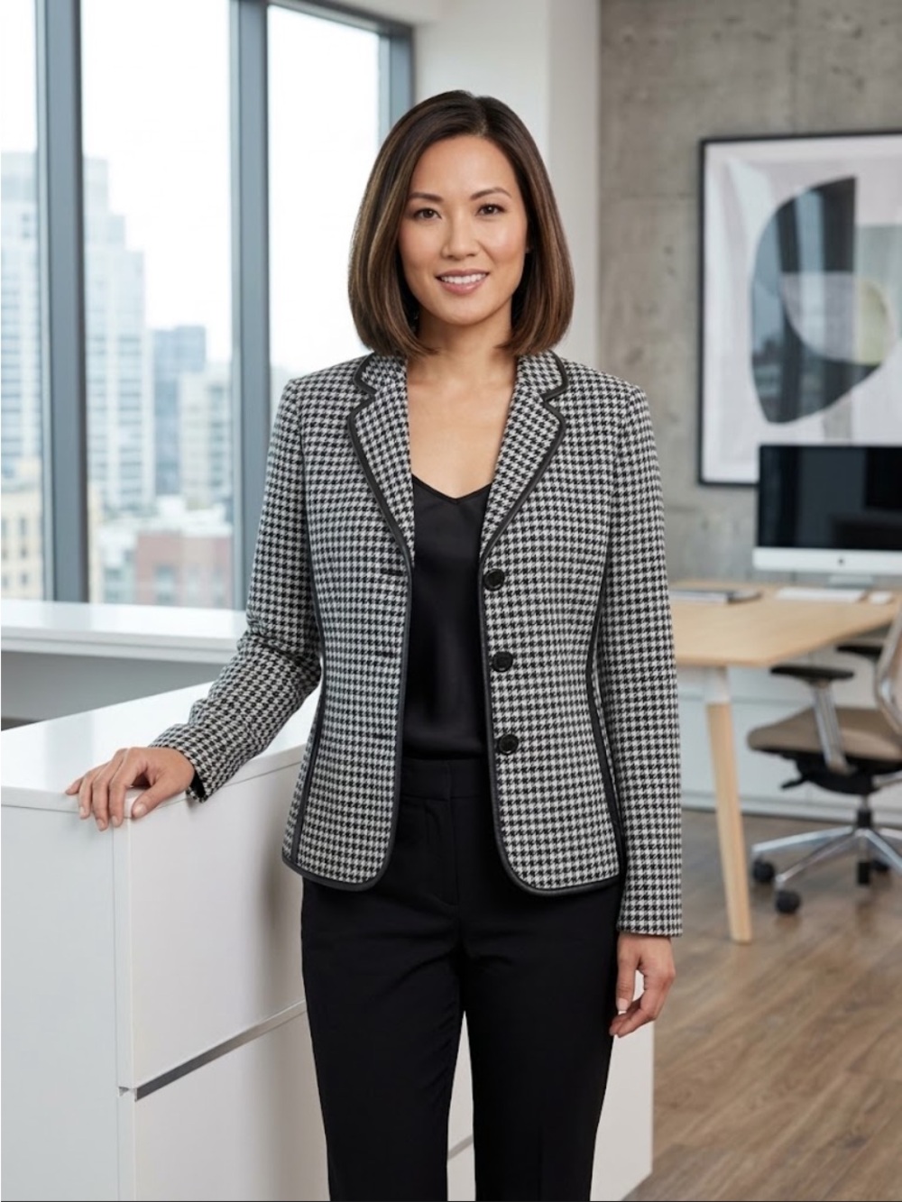 Jones New York Wool Blend Tailored Houndstooth Blazer Jacket Size 8p